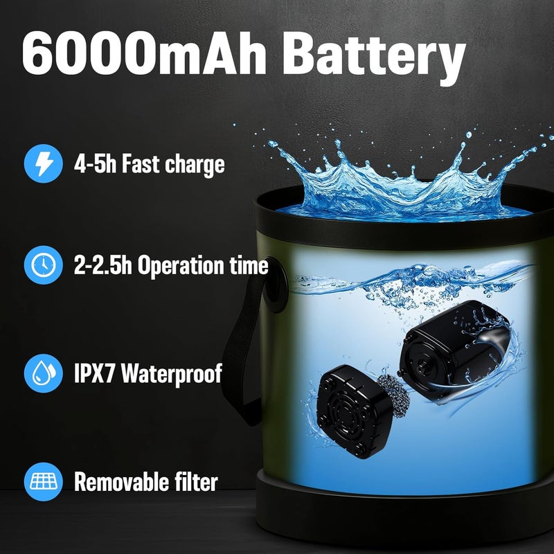 Motivekit Portable Camping Shower, 6000mAh Rechargeable Shower Pump, Large Capacity Foldable Bucket, 6' 7" Filtered Shower Head, Summer Beach, Outdoor Camp Showering, Hiking, Pet Bath, RV Car Wash, Water Plant - Image 4
